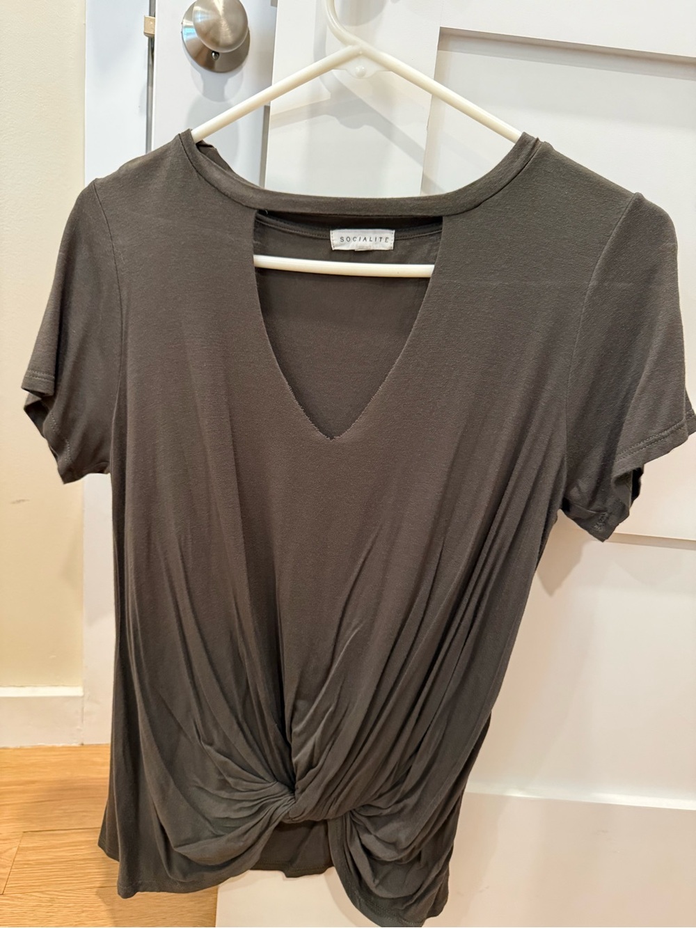 Socialite Charcoal Twist-Front V-Neck Short Sleeve Tee